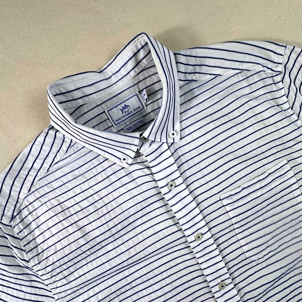 Southern Tide Mens Short Sleeve Seersucker Button Down Shirt White Navy Stripe M